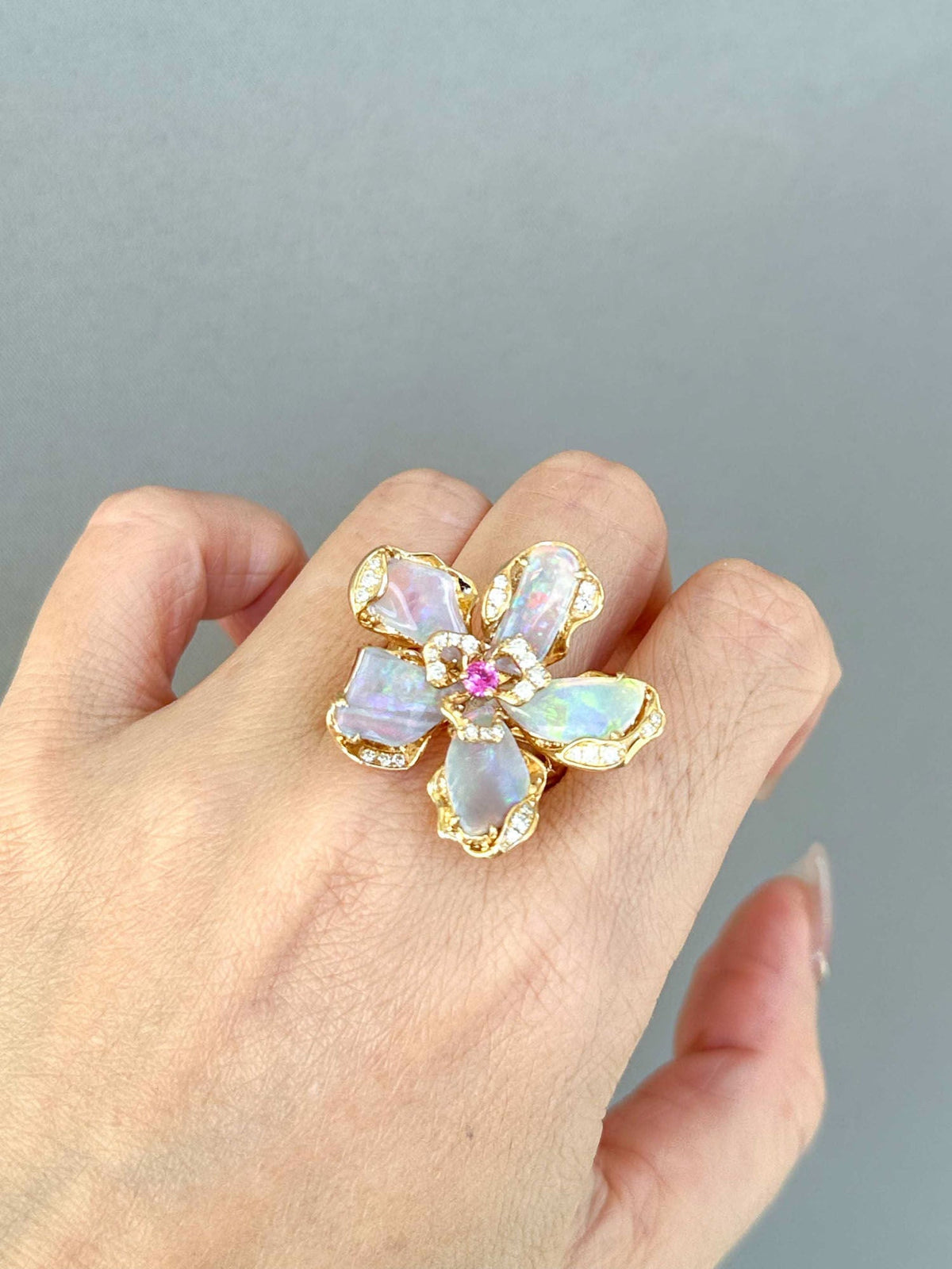 Solid Australian Opal Organic Flower Ring Pendant Conversion 18K Gold ~11g R6654 Aurora Designer