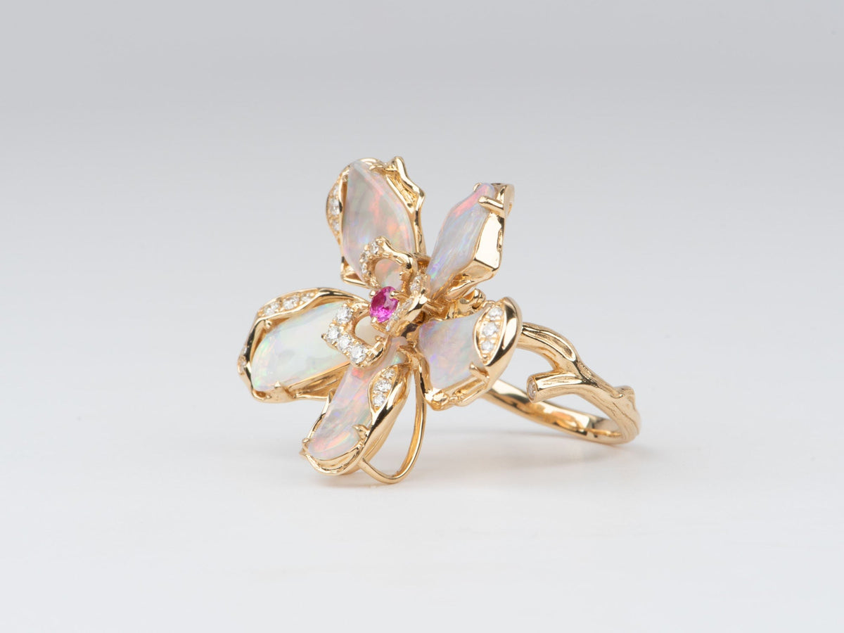 Solid Australian Opal Organic Flower Ring Pendant Conversion 18K Gold ~11g R6654 Aurora Designer