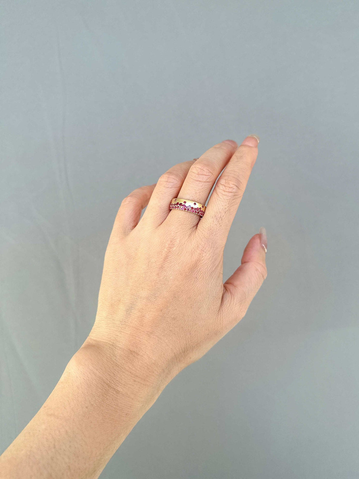 6mm Wide Bright Red Spinel Sprinkle Wedding Band 14K Gold R5083 Aurora Designer