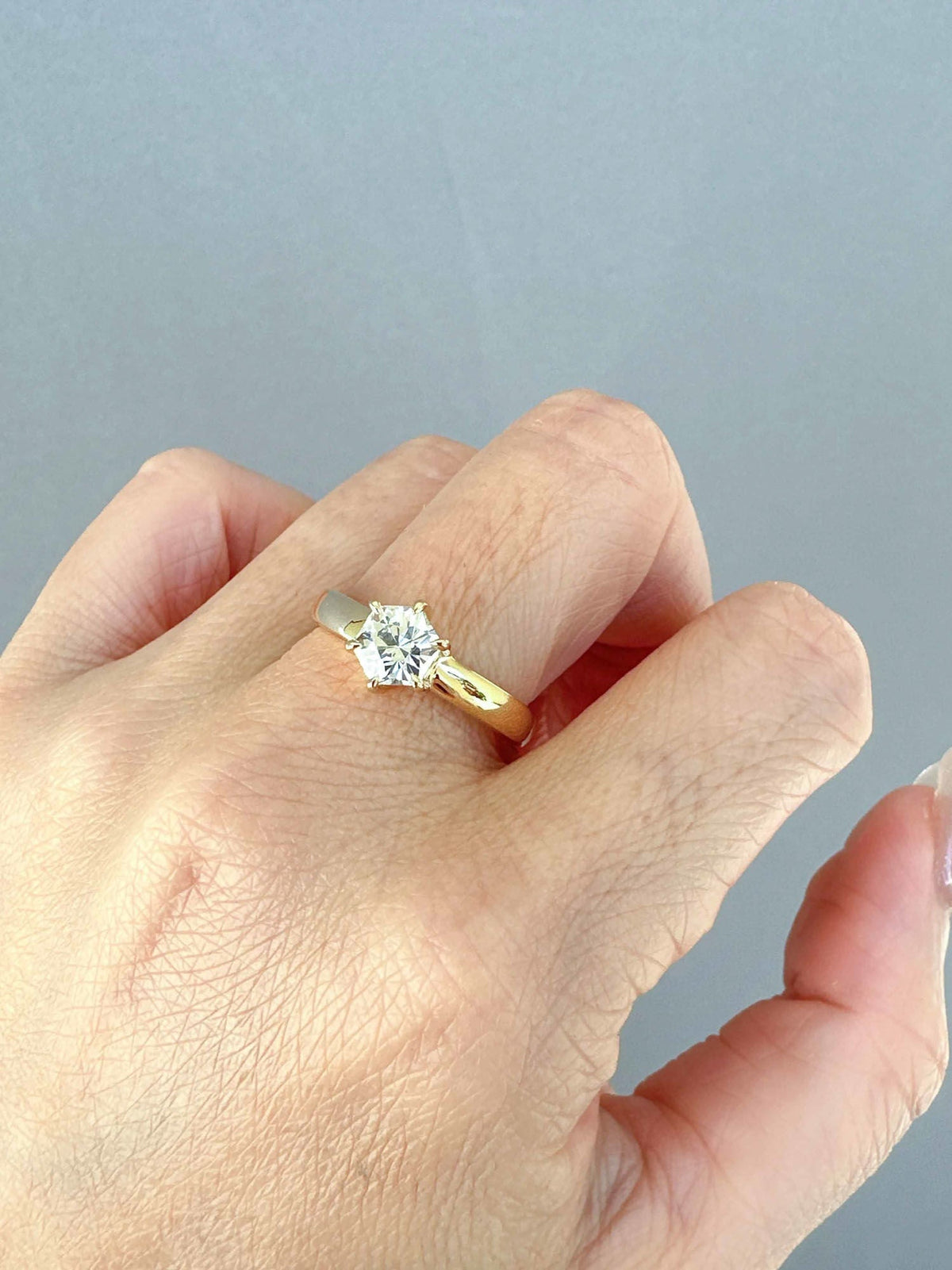 Hexagon Shape Diamond Engagement Ring on Wide Band 14K Gold IGI Cert R6655 Aurora Designer