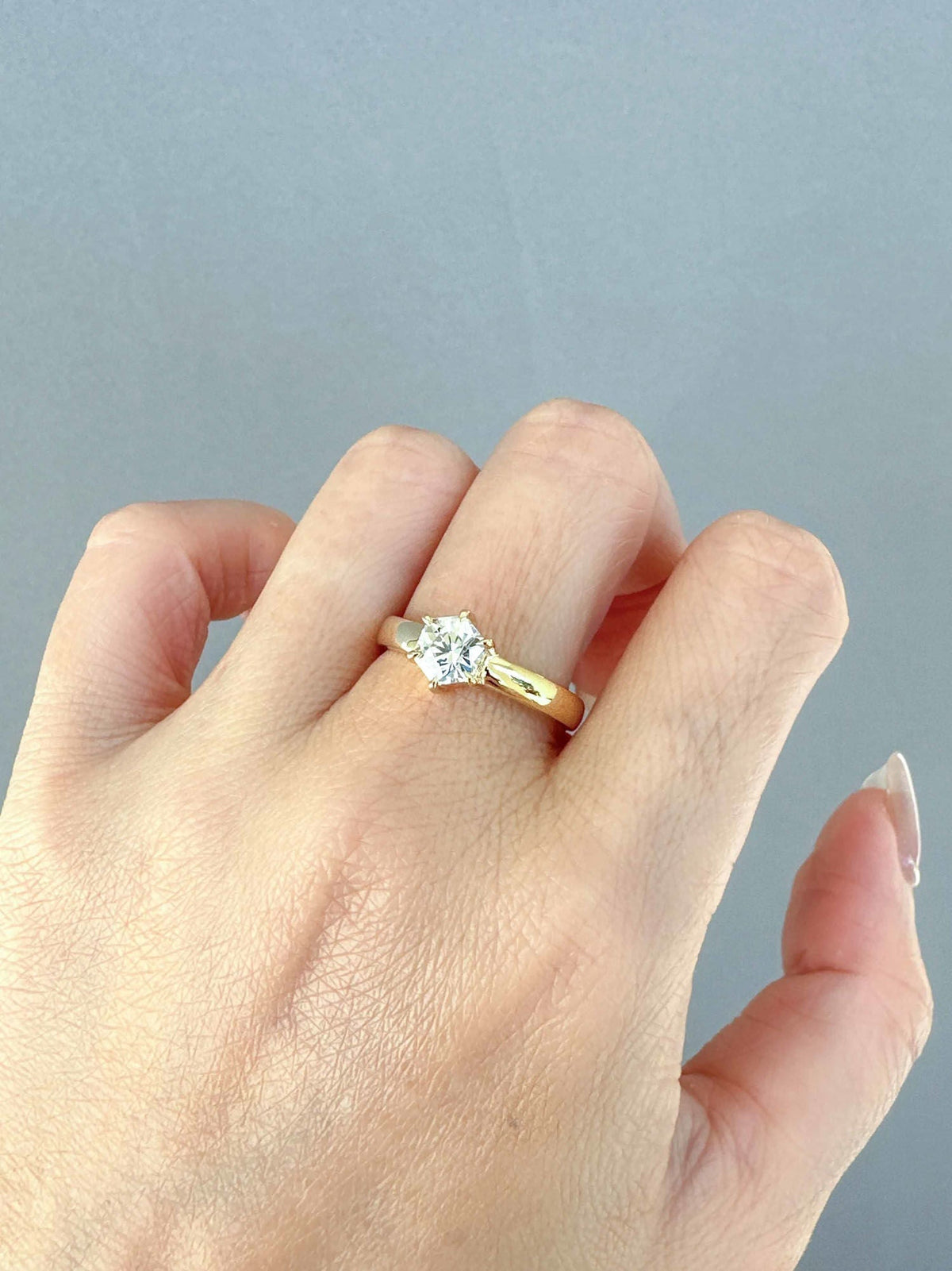Hexagon Shape Diamond Engagement Ring on Wide Band 14K Gold IGI Cert R6655 Aurora Designer