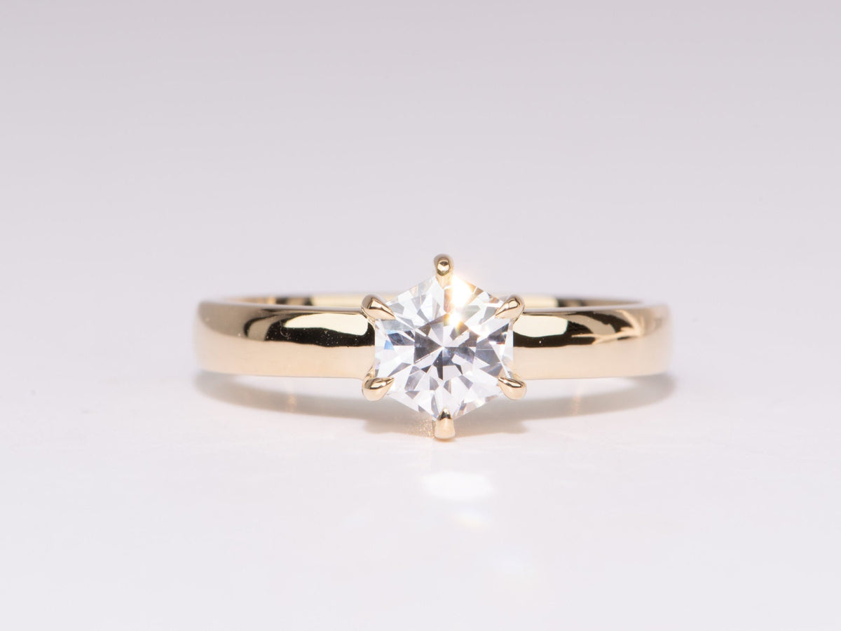Hexagon Shape Diamond Engagement Ring on Wide Band 14K Gold IGI Cert R6655 Aurora Designer