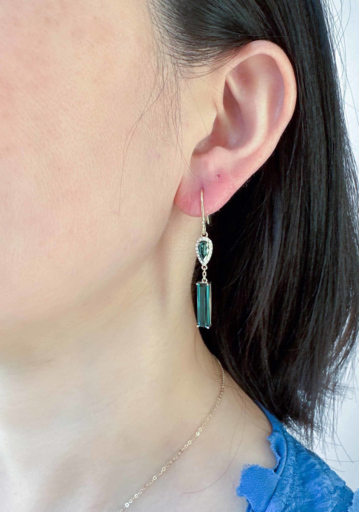 Indicolite Lagoon Tourmaline Long Earrings 14K Gold R3217 Aurora Designer
