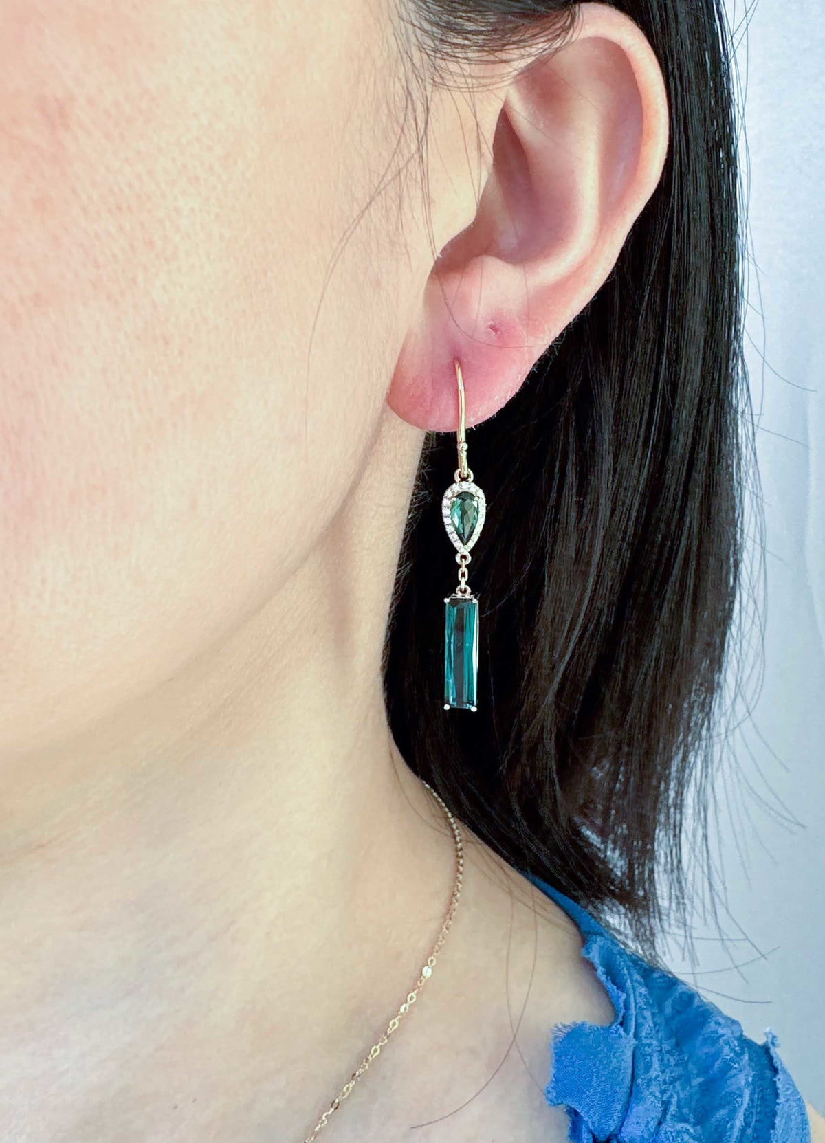 Indicolite Lagoon Tourmaline Long Earrings 14K Gold R3217 Aurora Designer