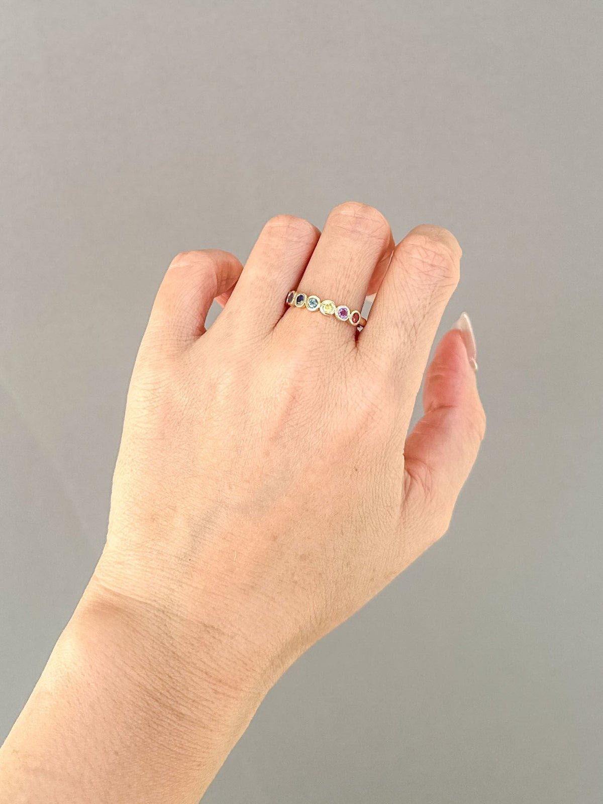 4mm Wide Rainbow Sapphire Bezel Set Wedding Band 14K Gold R5084 Aurora Designer