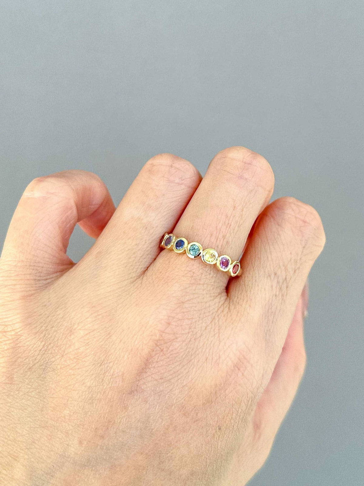 4mm Wide Rainbow Sapphire Bezel Set Wedding Band 14K Gold R5084 Aurora Designer