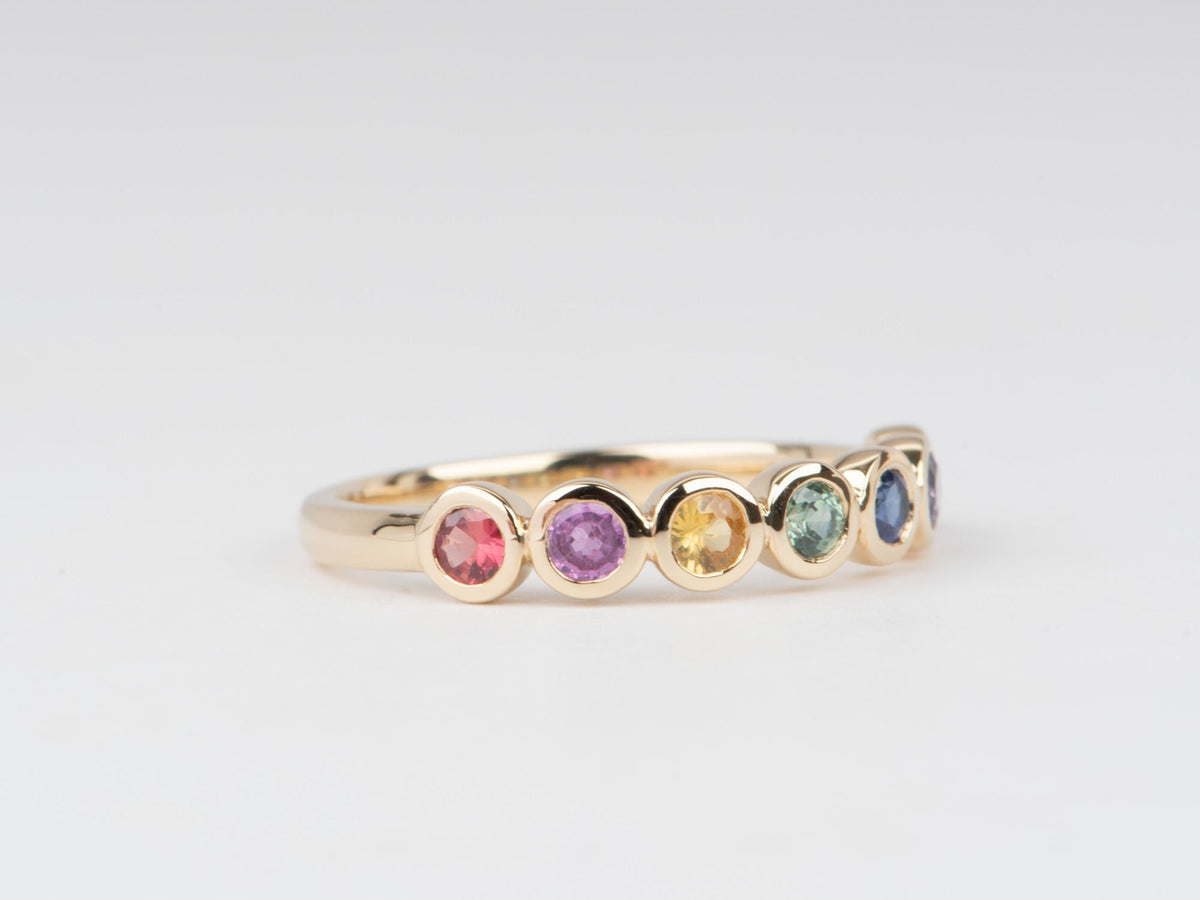 4mm Wide Rainbow Sapphire Bezel Set Wedding Band 14K Gold R5084 Aurora Designer