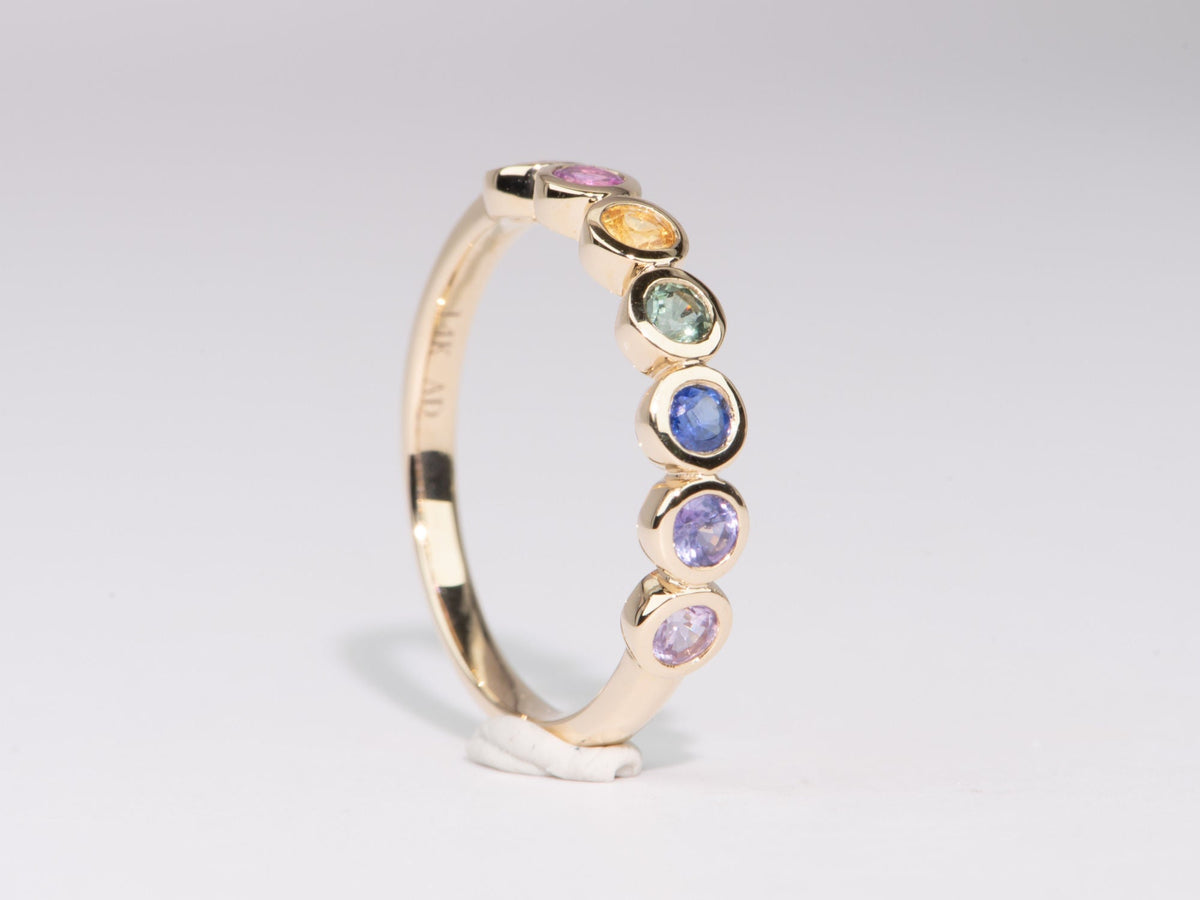 4mm Wide Rainbow Sapphire Bezel Set Wedding Band 14K Gold R5084 Aurora Designer