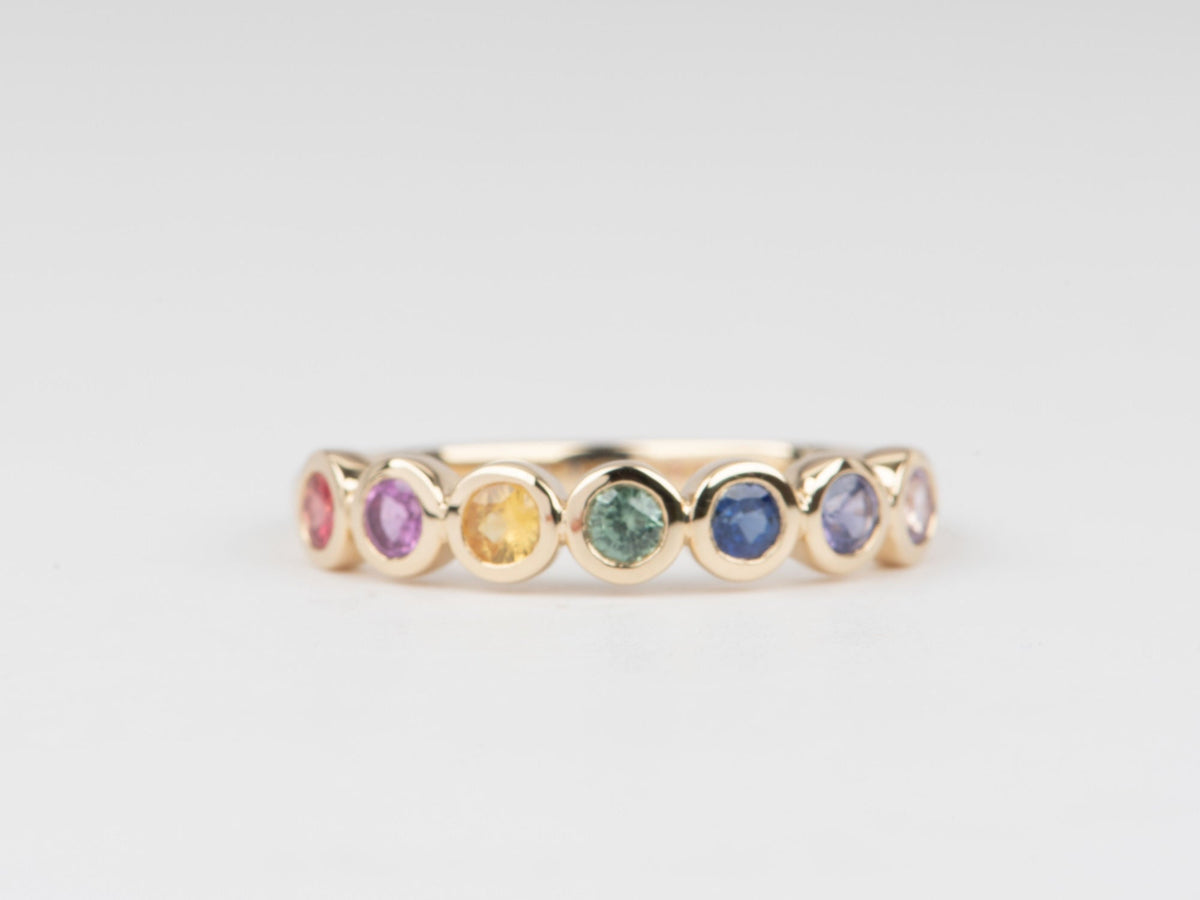 4mm Wide Rainbow Sapphire Bezel Set Wedding Band 14K Gold R5084 Aurora Designer