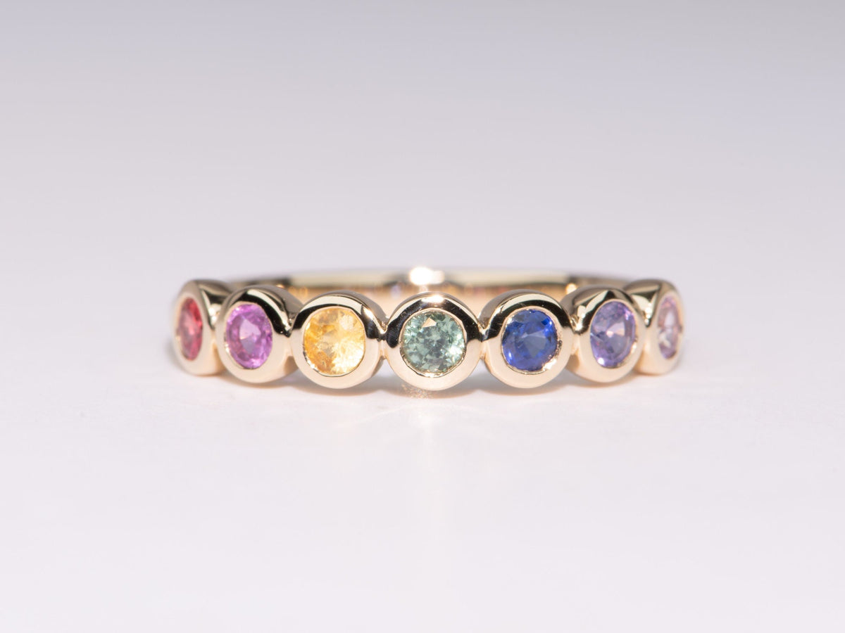 4mm Wide Rainbow Sapphire Bezel Set Wedding Band 14K Gold R5084 Aurora Designer