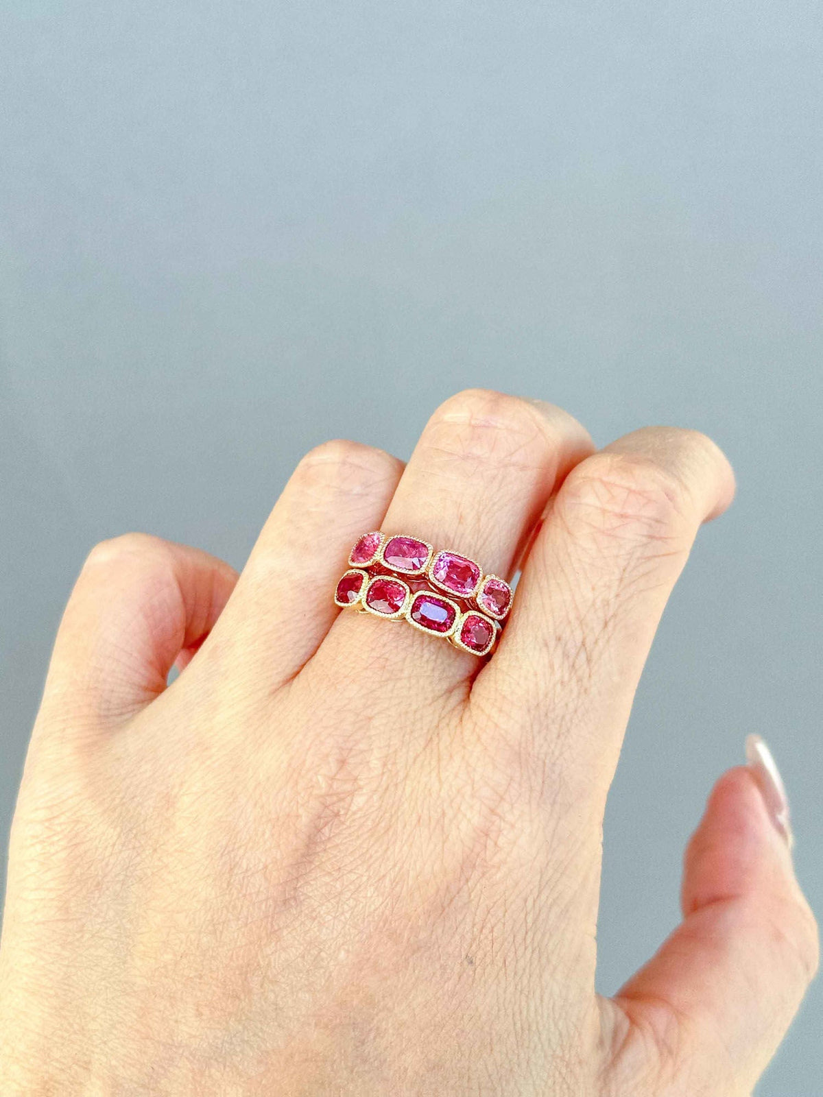 Bright Pink Red Spinel Milgrain Bezel Set Wedding Band 14K Gold R5086 Aurora Designer