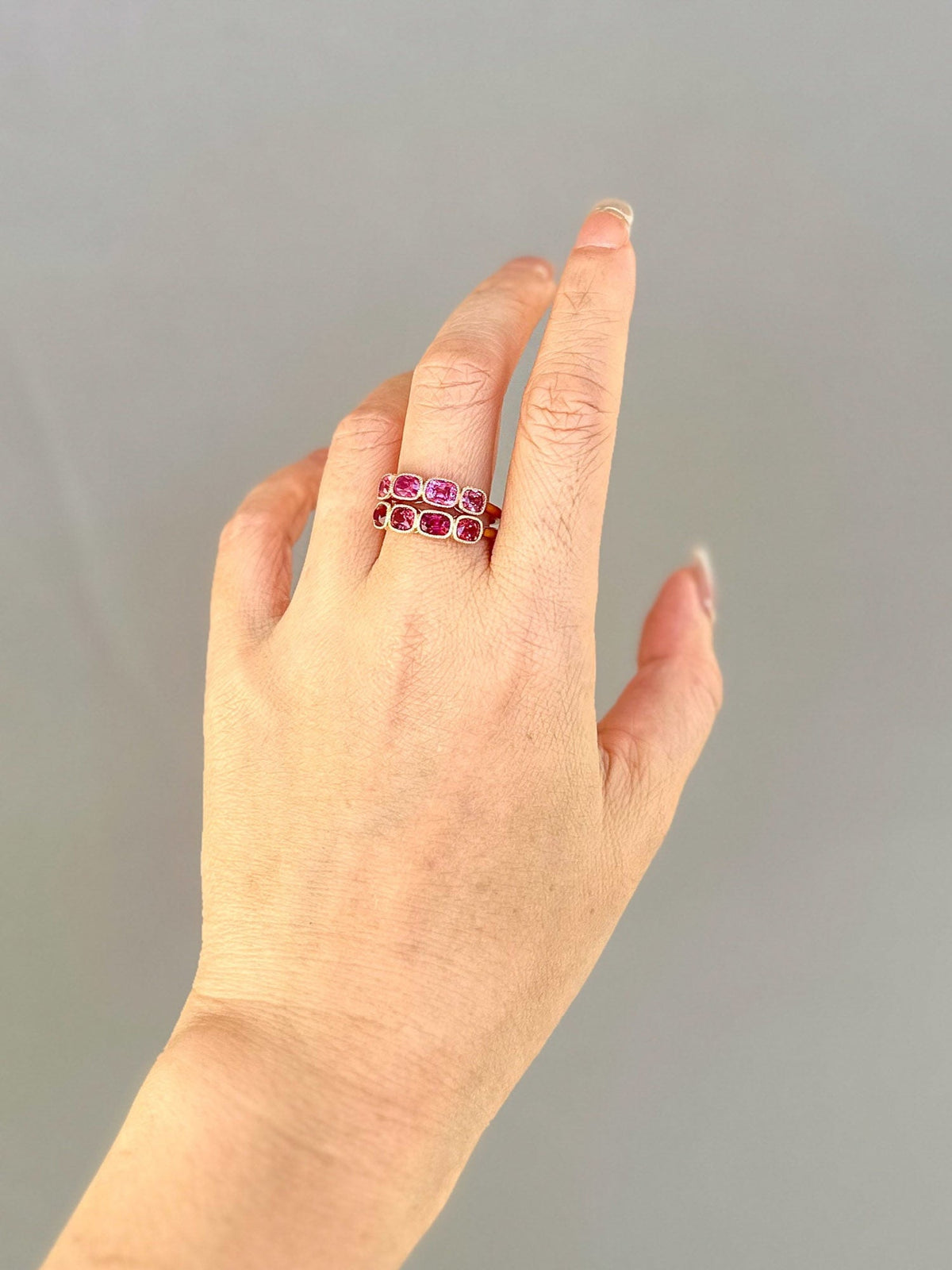 Bright Pink Red Spinel Milgrain Bezel Set Wedding Band 14K Gold R5086 Aurora Designer