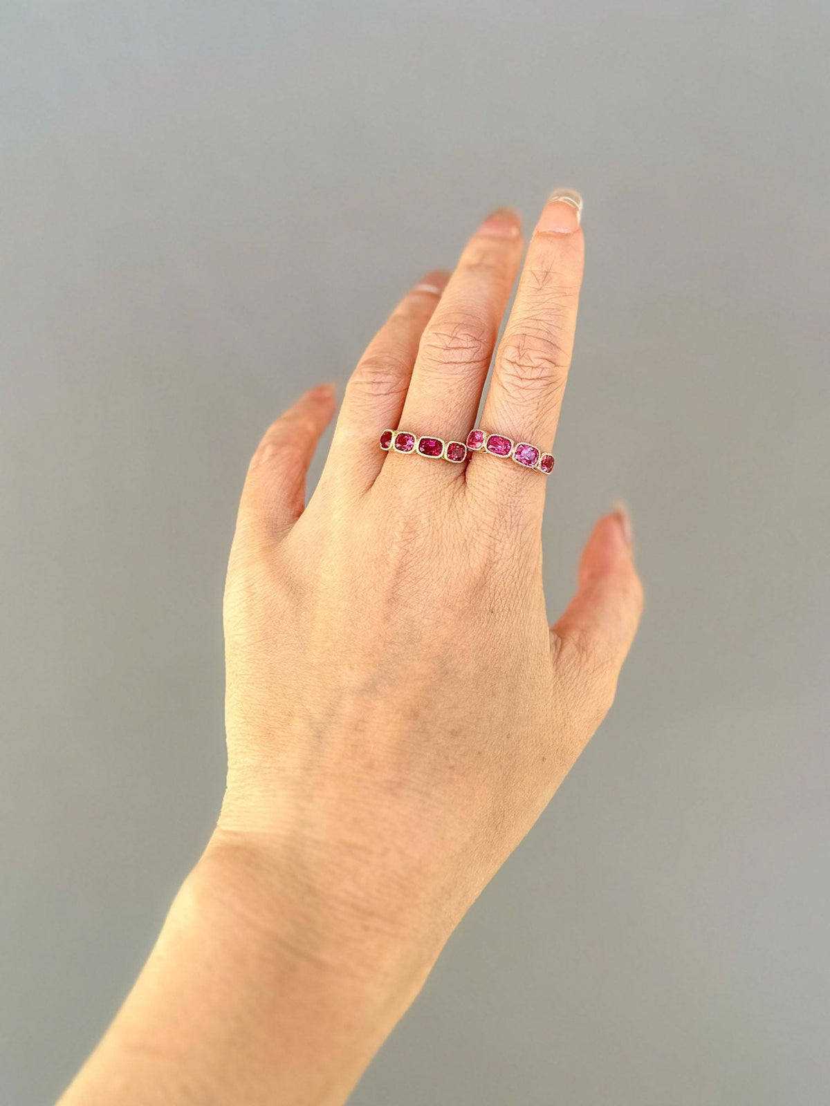 Bright Pink Red Spinel Milgrain Bezel Set Wedding Band 14K Gold R5086 Aurora Designer