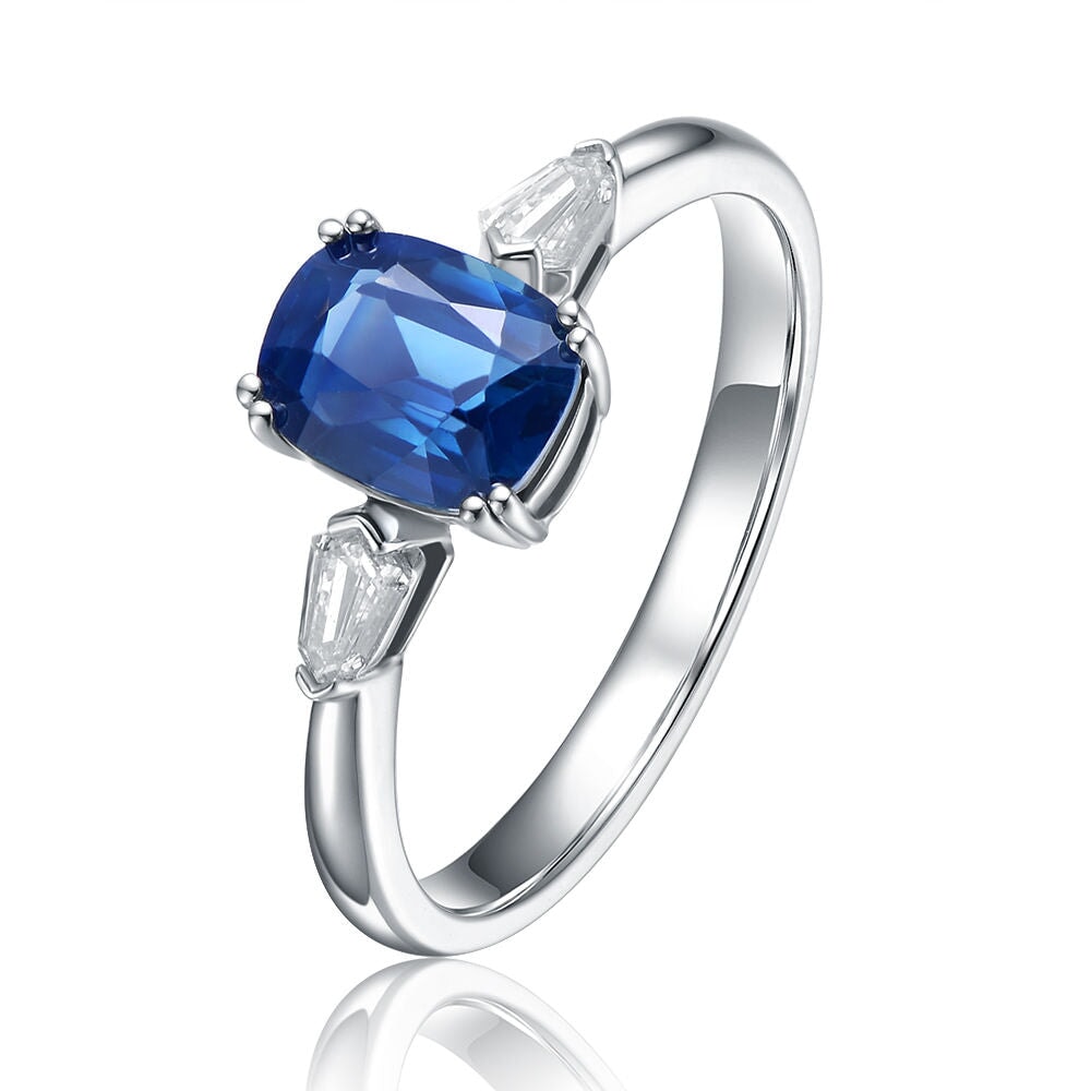 1.59ct Teal Sapphire and Bullet Shape Diamond Engagement Ring 14K White Gold R6658 Aurora Designer