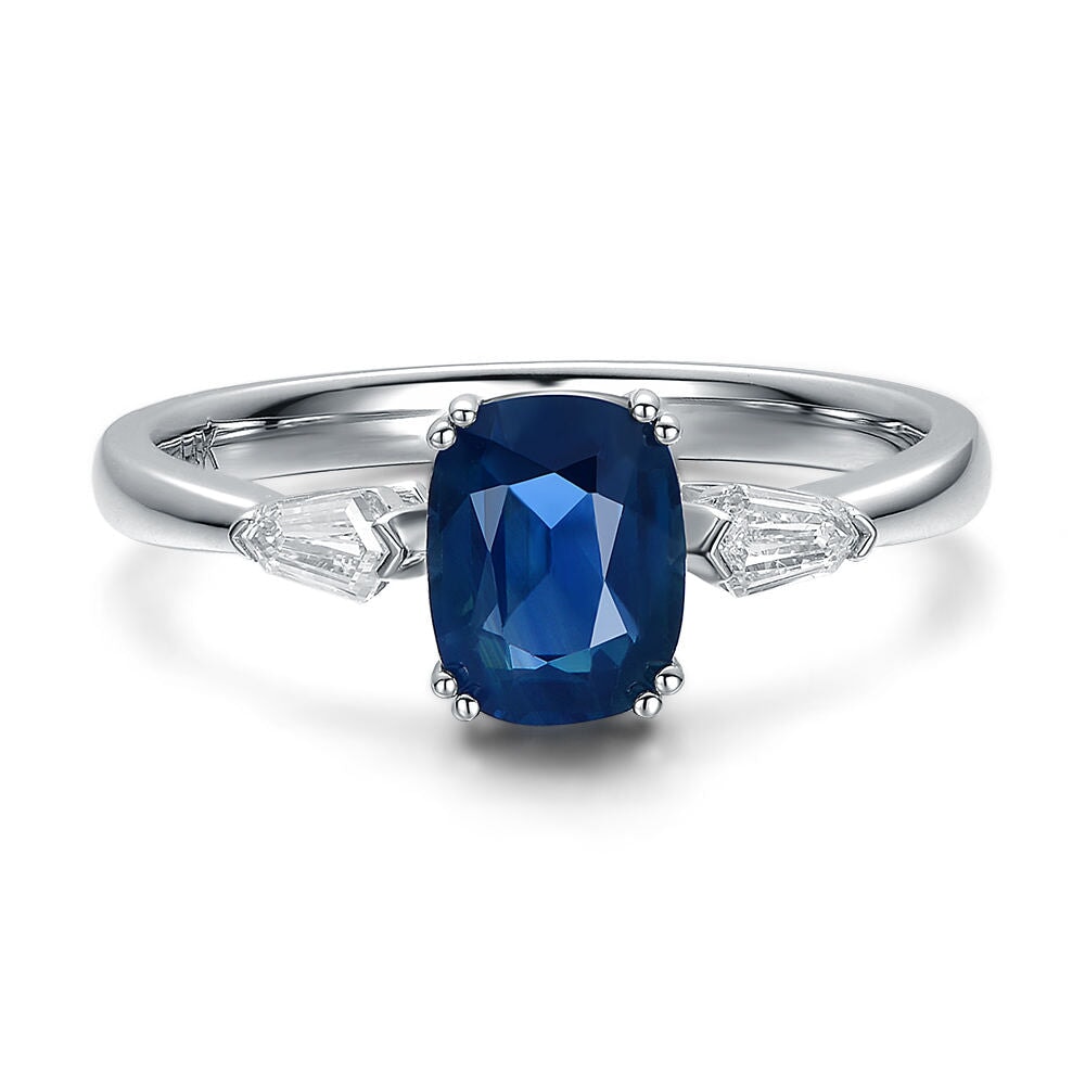 1.59ct Teal Sapphire and Bullet Shape Diamond Engagement Ring 14K White Gold R6658 Aurora Designer
