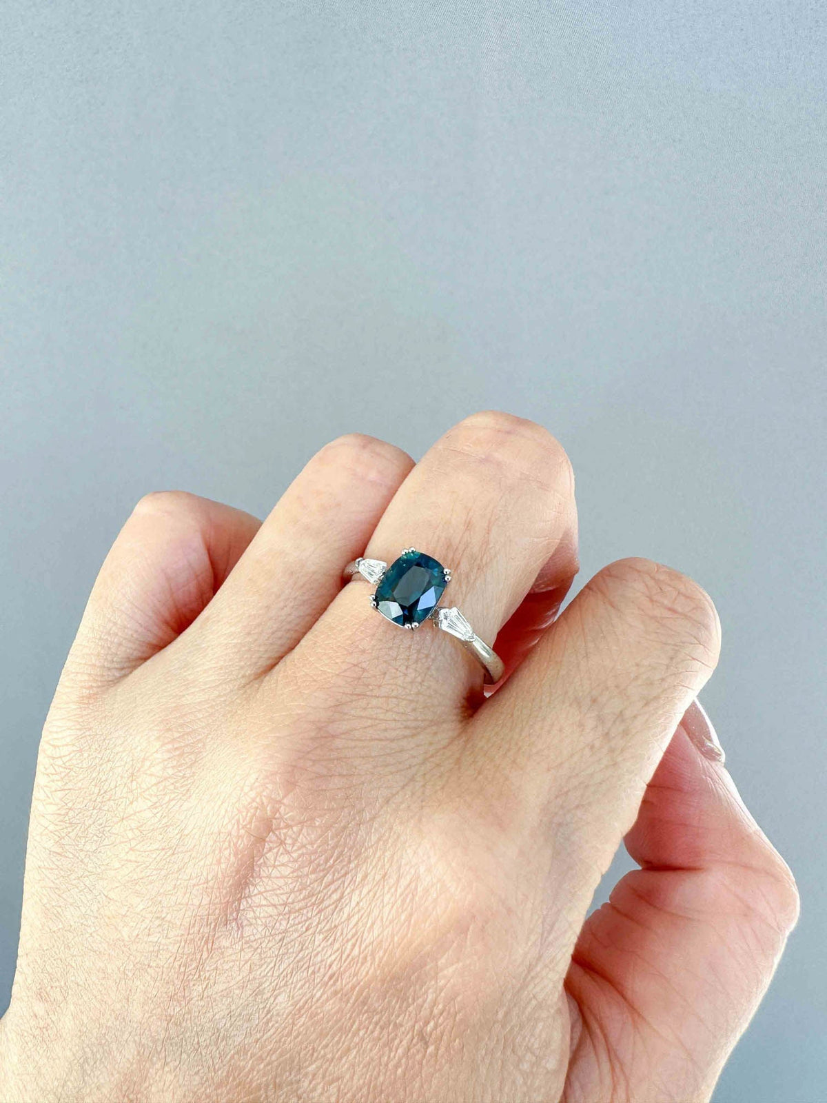 1.59ct Teal Sapphire and Bullet Shape Diamond Engagement Ring 14K White Gold R6658 Aurora Designer