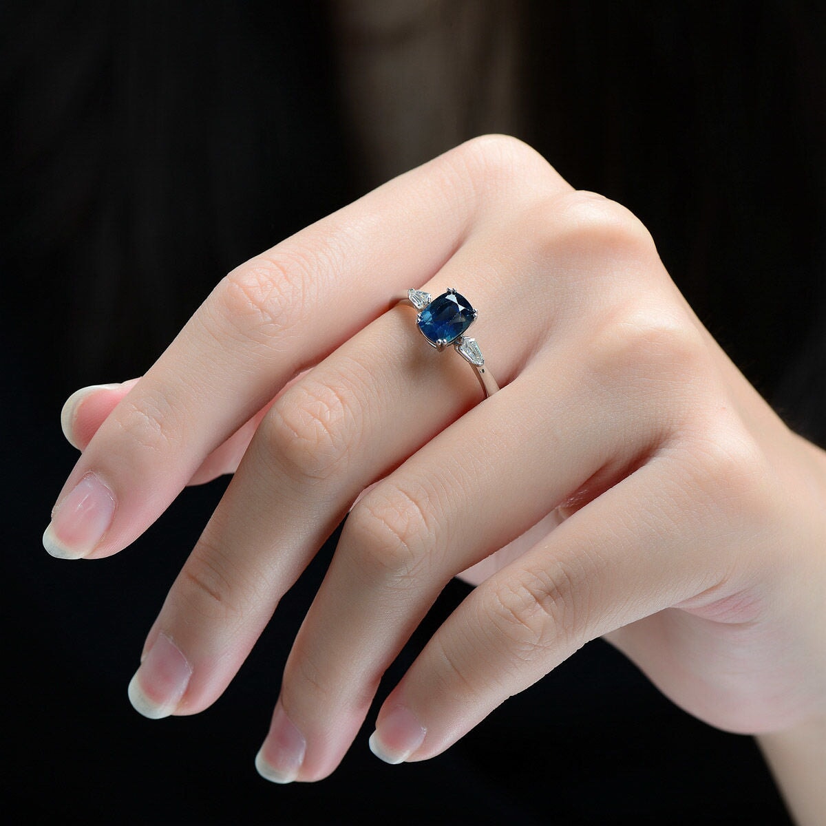 1.59ct Teal Sapphire and Bullet Shape Diamond Engagement Ring 14K White Gold R6658 Aurora Designer
