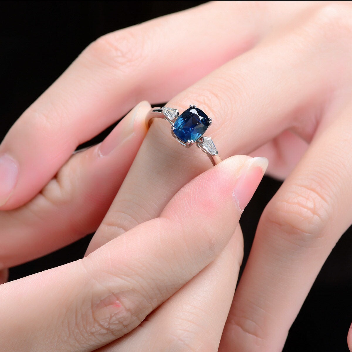 1.59ct Teal Sapphire and Bullet Shape Diamond Engagement Ring 14K White Gold R6658 Aurora Designer