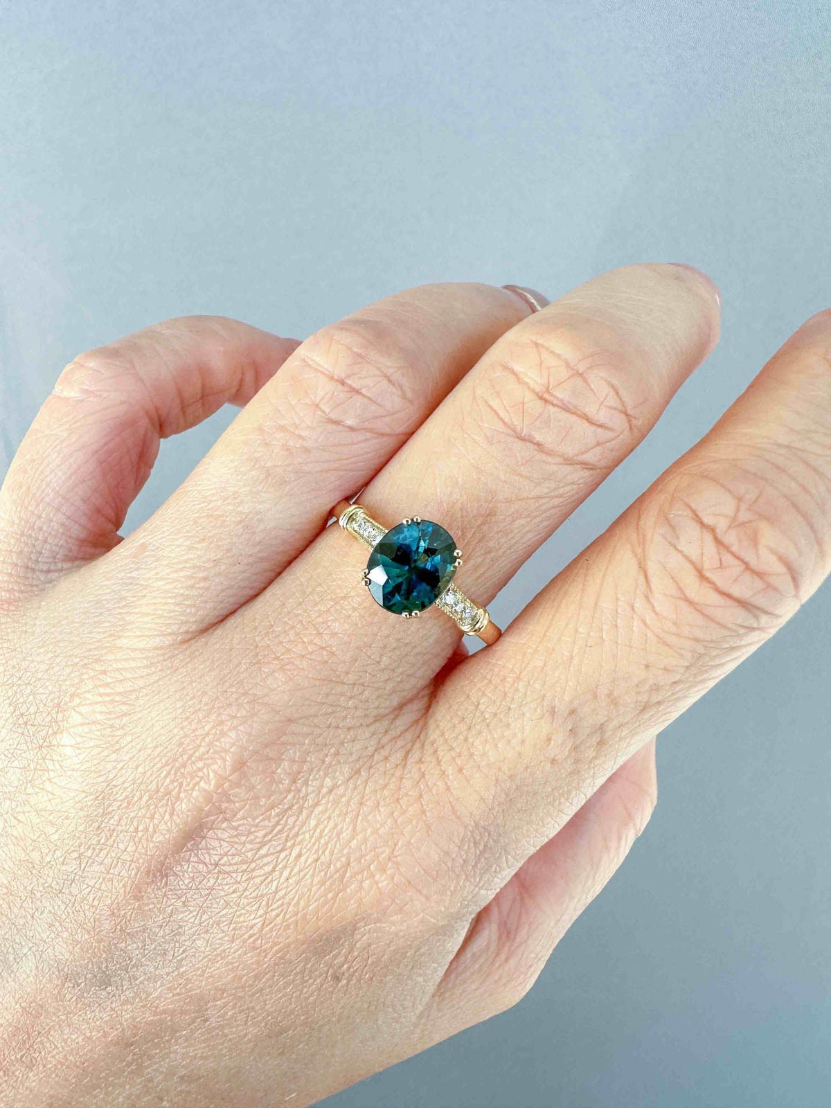 1.82ct Teal Sapphire Vintage Inspired Engagement Ring 14K Gold R6660 Aurora Designer