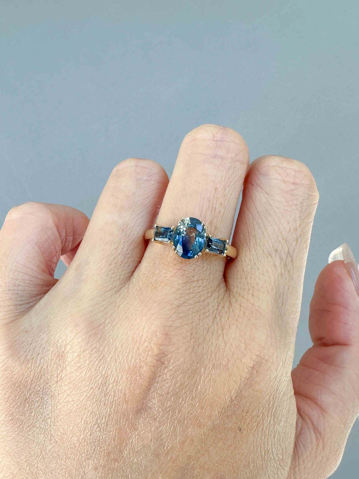 2.25ctw Bi-Color Sapphire Three-Stone Engagement Ring 14K Gold R6661 Aurora Designer