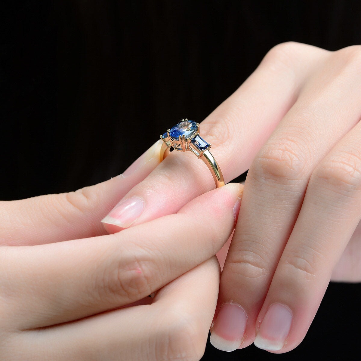 2.25ctw Bi-Color Sapphire Three-Stone Engagement Ring 14K Gold R6661 Aurora Designer