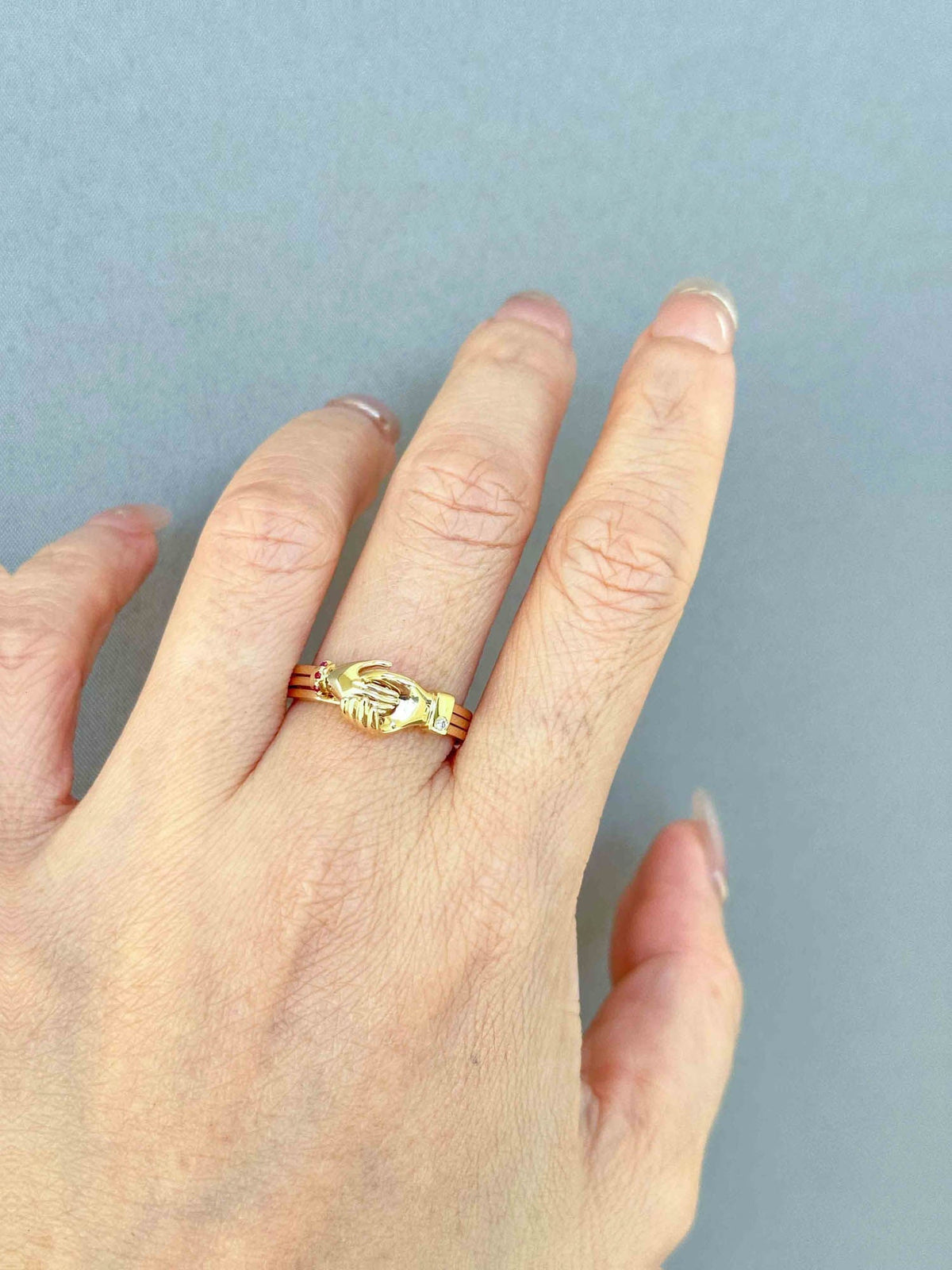 Fede Gimmel Ring 14K Gold with Diamond and Ruby Hands Clasped with Hidden Heart M6008 Aurora Designer