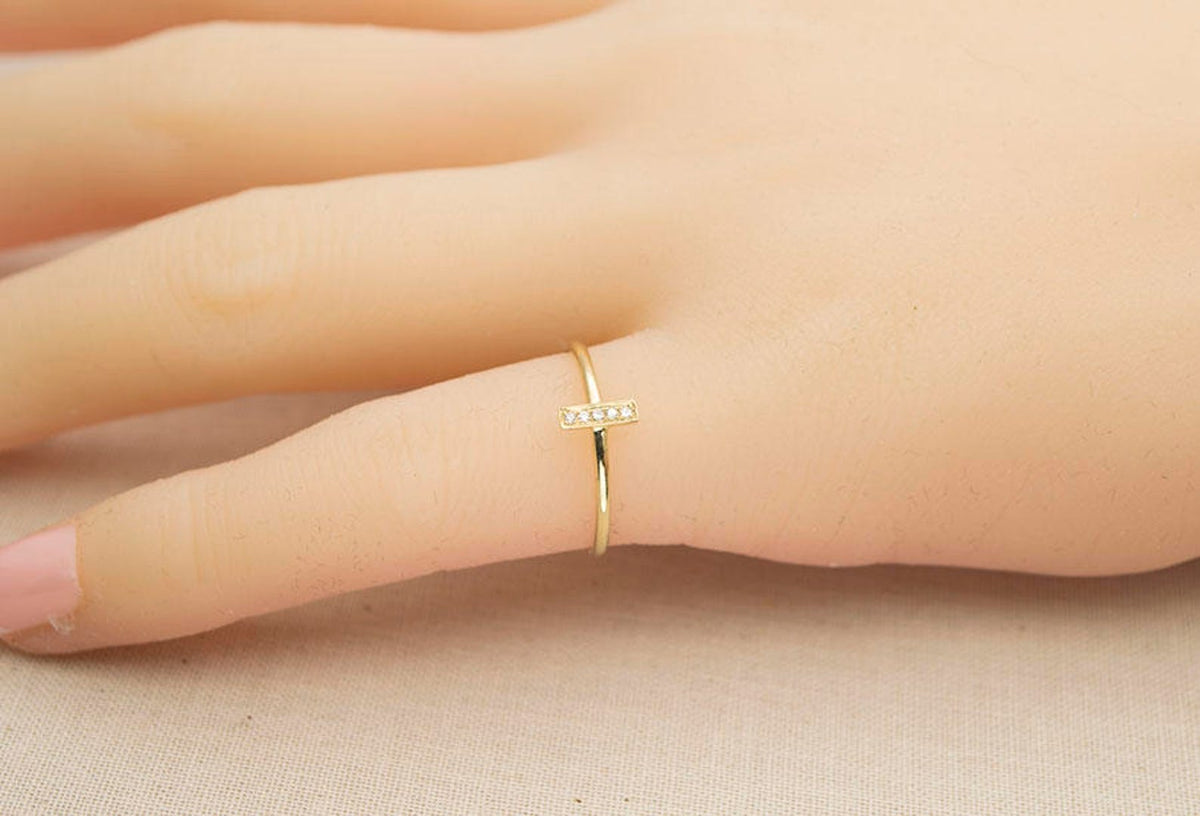 Dainty Diamond Bar Ring 14K Gold AD1216 Aurora Designer