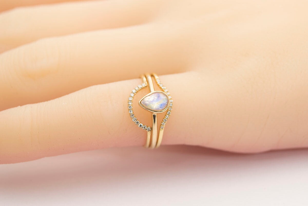 Teardrop Moonstone Ring 14K Gold Bezel Set Engagement Ring AD1233 Aurora Designer