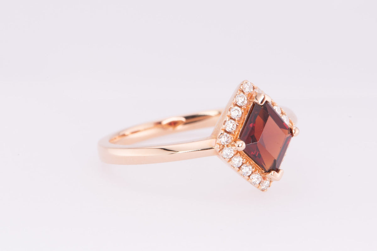 Kite Shape Spinel with Diamond Halo Engagement Ring 14K Rose Gold Red Geometric August AD1258-7 Aurora Designer