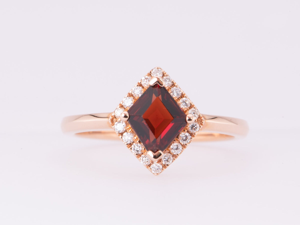 Kite Shape Spinel with Diamond Halo Engagement Ring 14K Rose Gold Red Geometric August AD1258-7 Aurora Designer