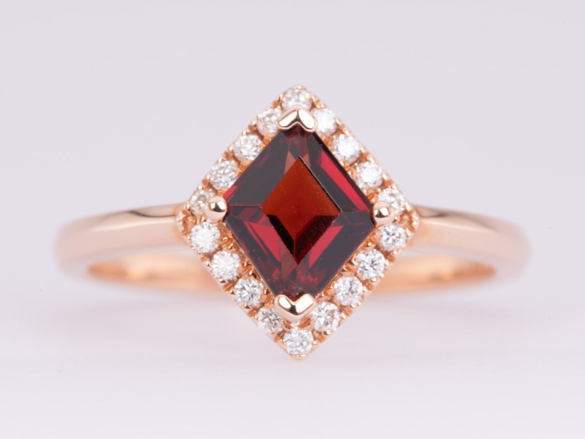 Kite Shape Spinel with Diamond Halo Engagement Ring 14K Rose Gold Red Geometric August AD1258-7 Aurora Designer