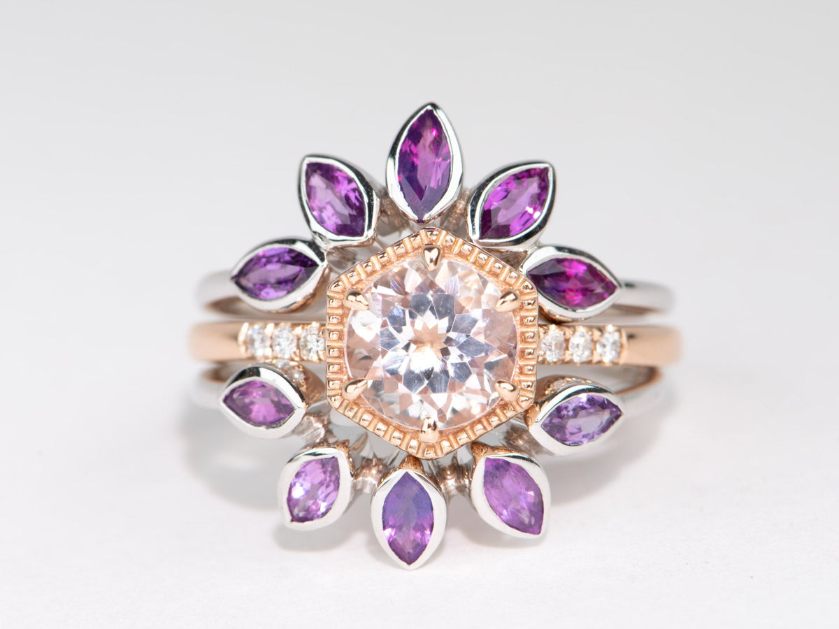 Marquise Pink Purple Sapphire 14K Gold Wedding Band Bicolor