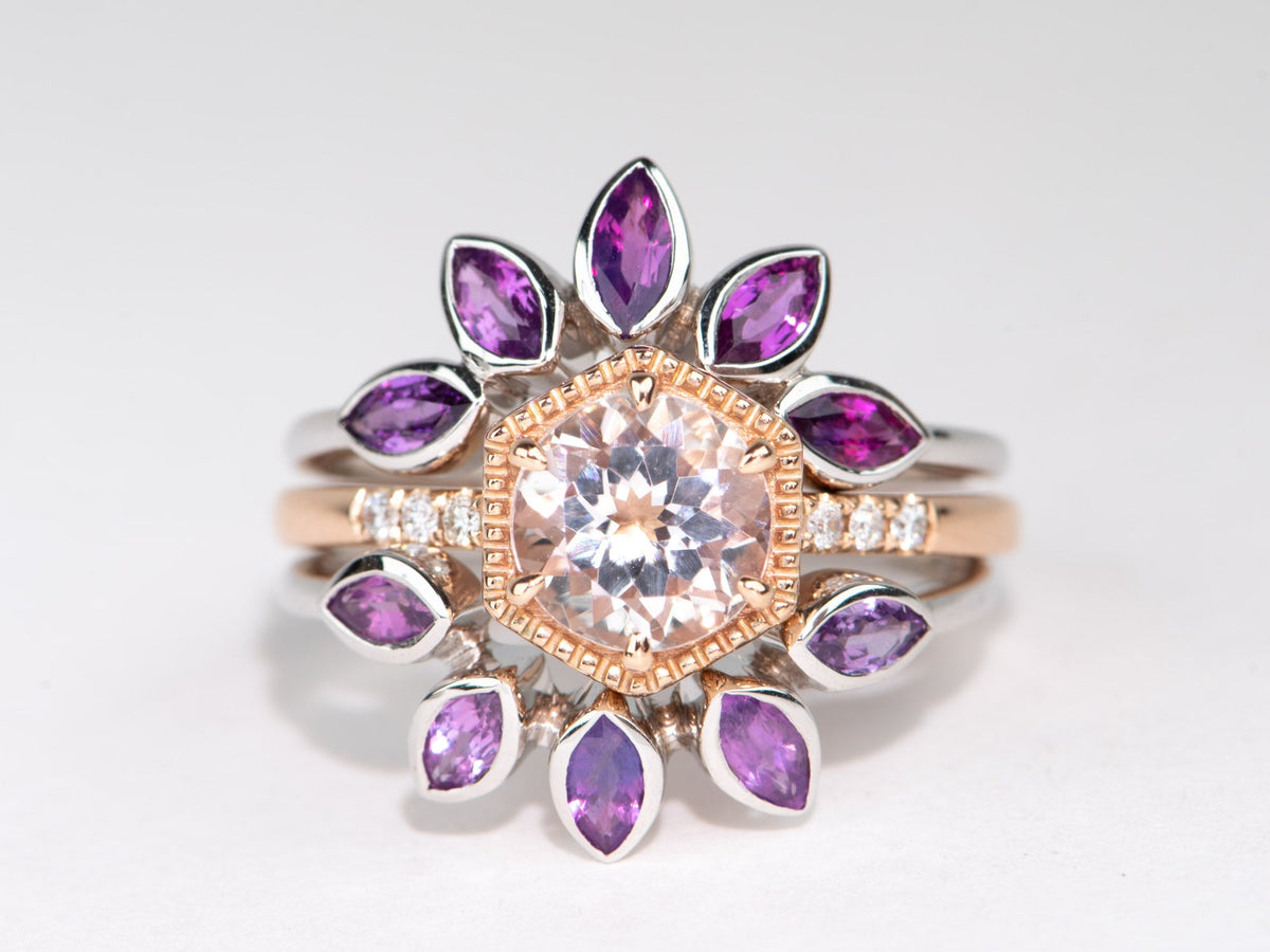 Marquise Pink Purple Sapphire 14K Gold Wedding Band Bicolor Curve Crown Ring AD1279 Aurora Designer