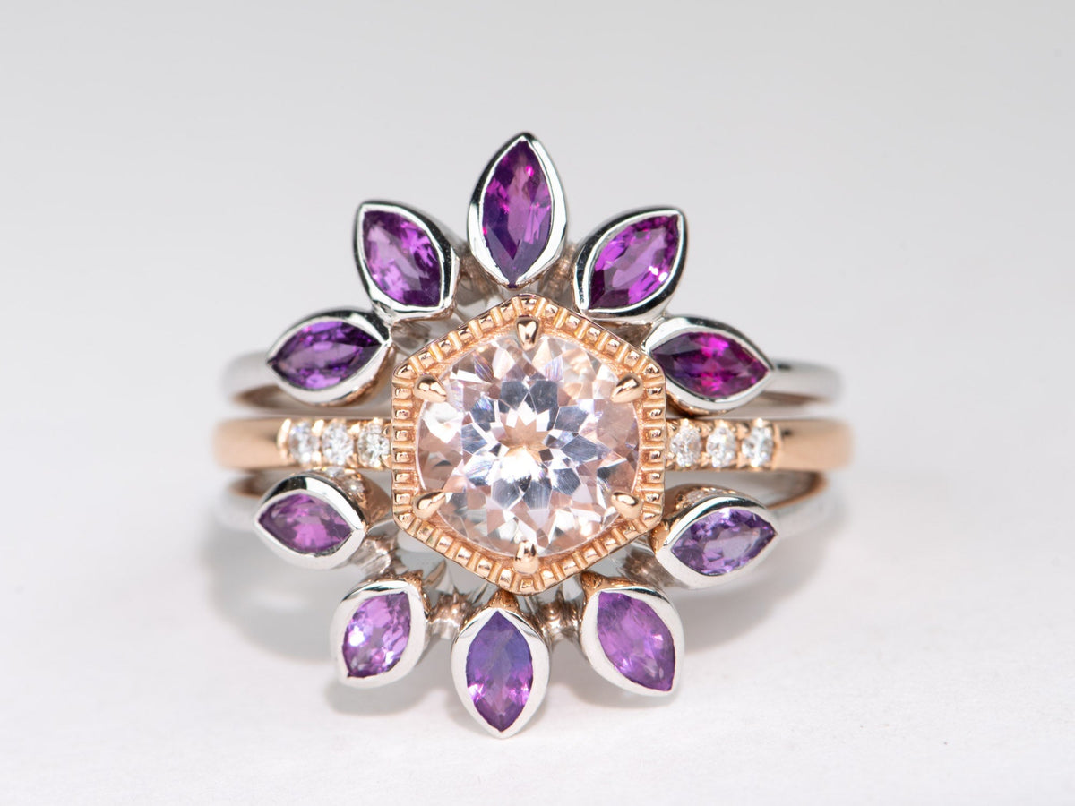 Marquise Pink Purple Sapphire 14K Gold Wedding Band Bicolor Curve Crown Ring AD1279 Aurora Designer