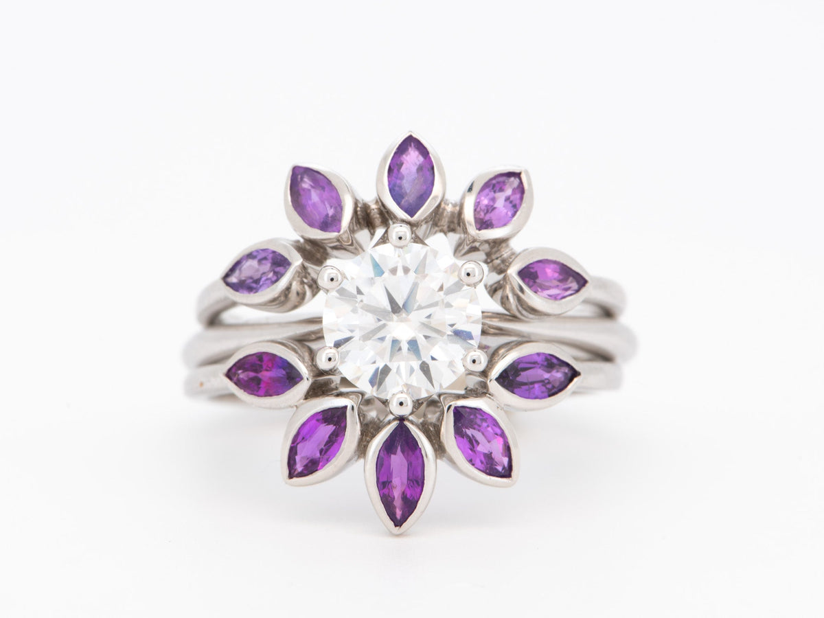 Marquise Pink Purple Sapphire 14K Gold Wedding Band Bicolor Curve Crown Ring AD1279 Aurora Designer