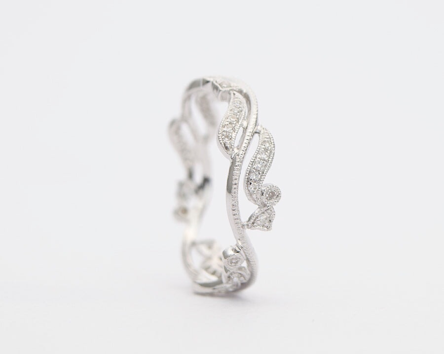 Diamond Milgrain Scroll-Like Vine Ring 18K White Gold Full Eternity AD1297 Aurora Designer