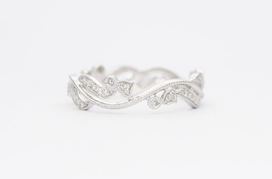 Diamond Milgrain Scroll-Like Vine Ring 18K White Gold Full Eternity AD1297 Aurora Designer
