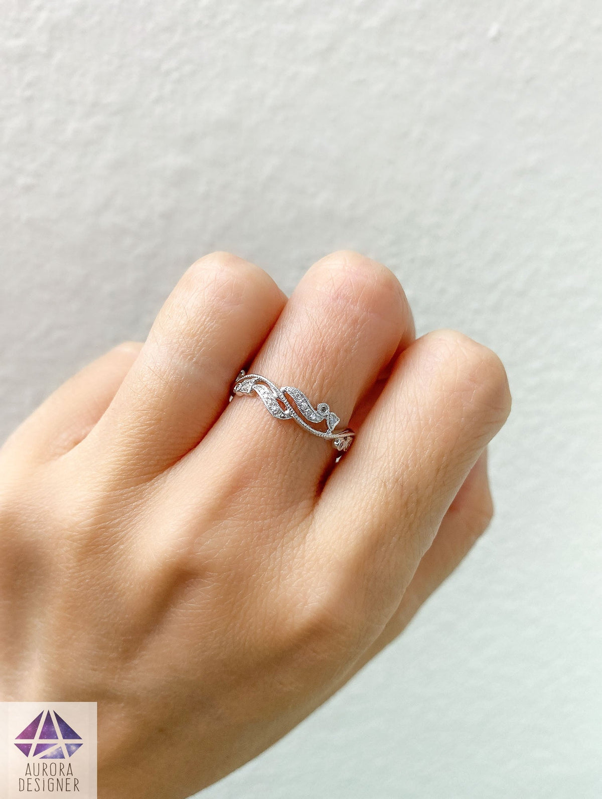 Diamond Milgrain Scroll-Like Vine Ring 18K White Gold Full Eternity AD1297 Aurora Designer