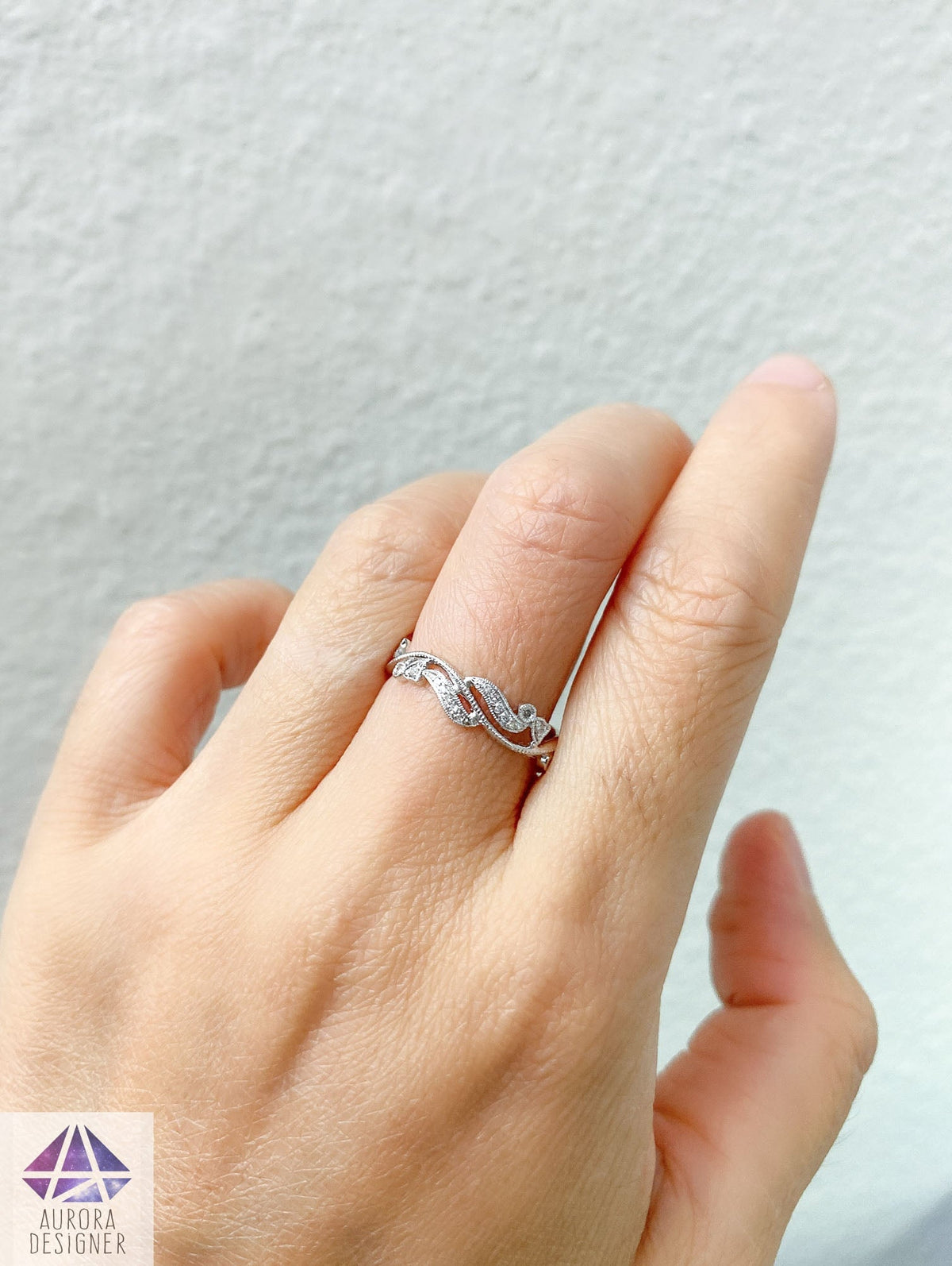 Diamond Milgrain Scroll-Like Vine Ring 18K White Gold Full Eternity AD1297 Aurora Designer