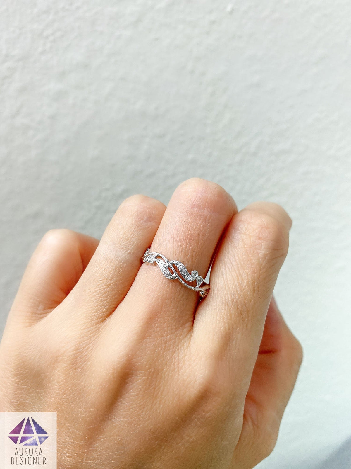 Diamond Milgrain Scroll-Like Vine Ring 18K White Gold Full Eternity AD1297 Aurora Designer