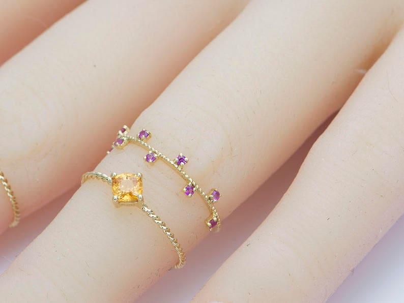 Dainty Tanzanite and Sapphire Ring on Twist Band 18K Gold AD1322 Aurora Designer