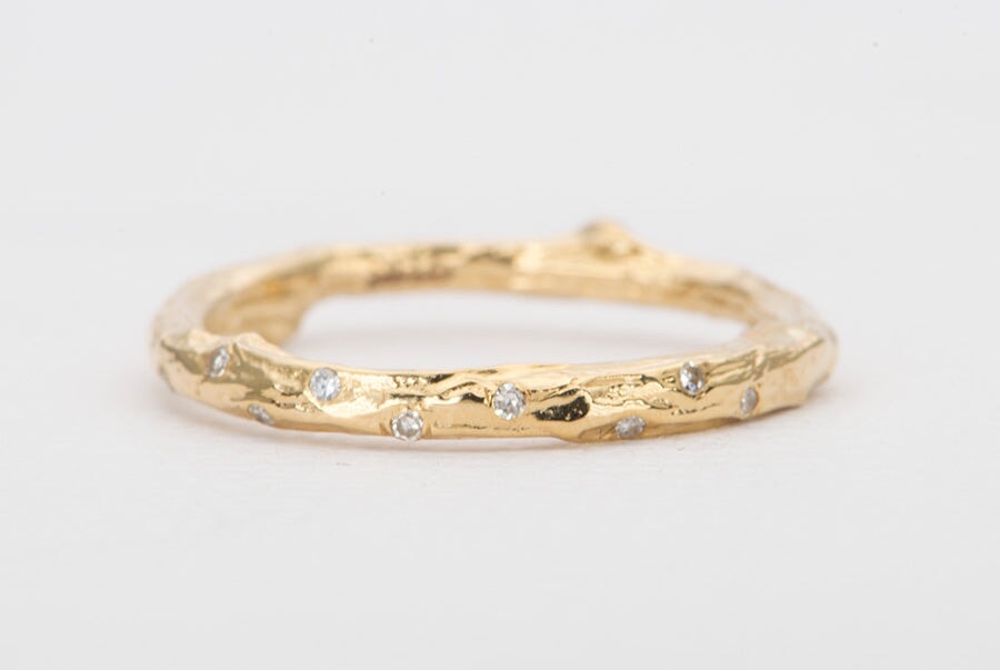 Diamond Sprinkle Twig Tree Branch Casted 14K Gold Ring Wedding Band with Diamonds AD1333 Aurora Designer