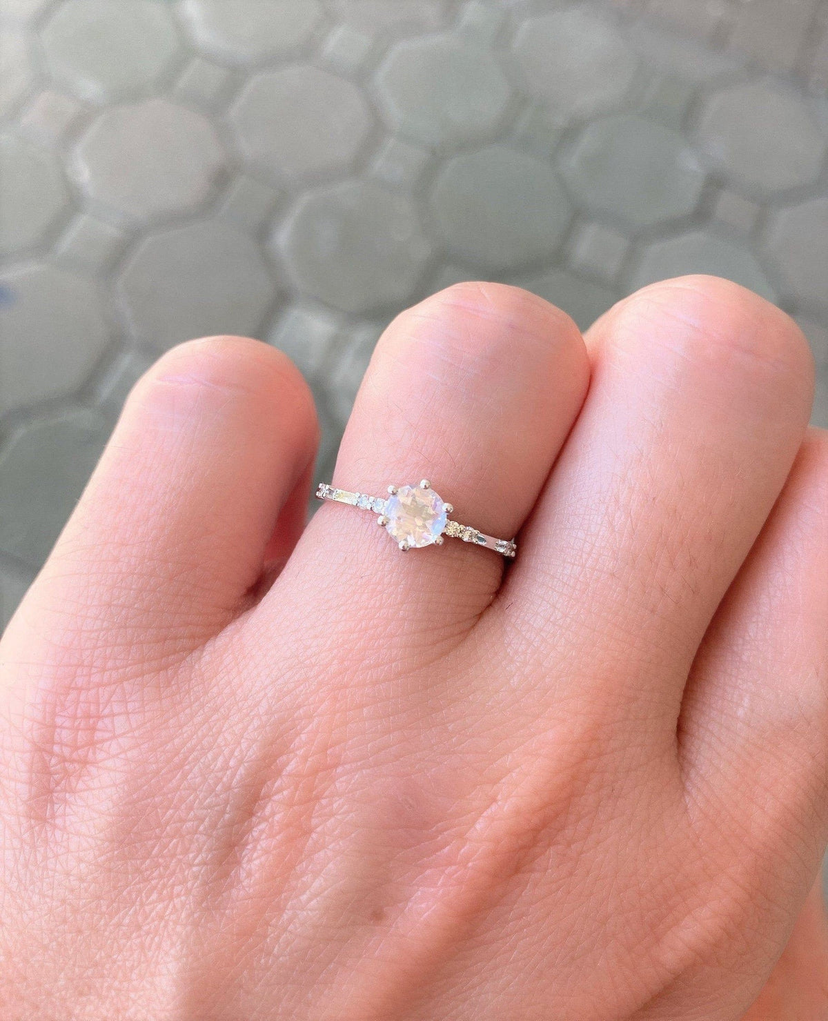 Rainbow Moonstone Engagement Ring with Diamond Cluster on Band 14K Gold AD1377 Aurora Designer