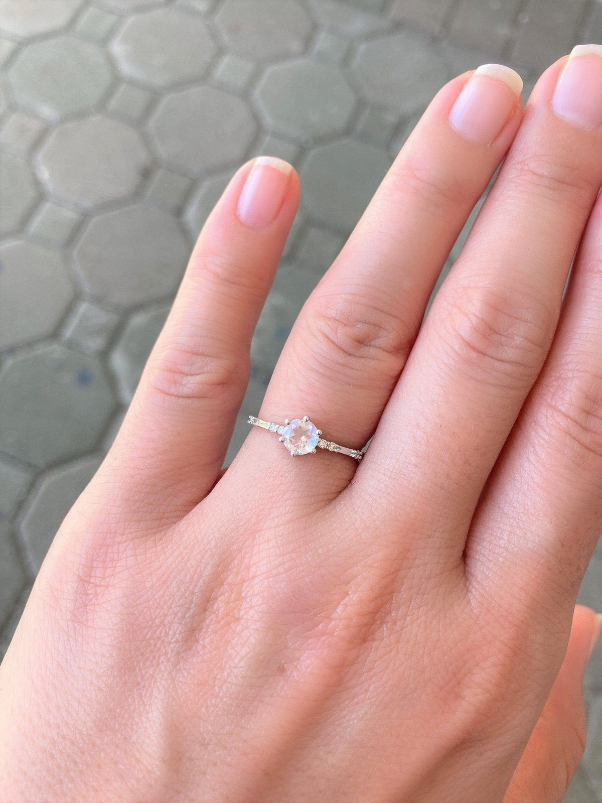 Rainbow Moonstone Engagement Ring with Diamond Cluster on Band 14K Gold AD1377 Aurora Designer