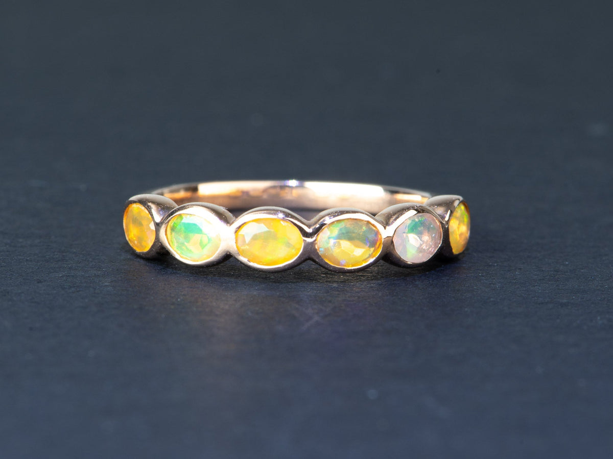 Oval Ethiopian Opal Milgrain Bezel Set Wedding Band 14K Gold AD1796 Aurora Designer