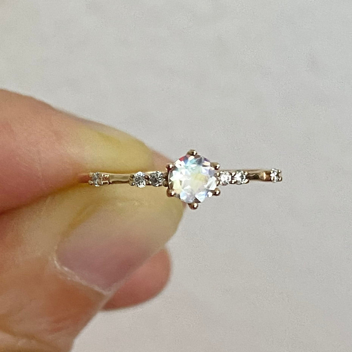 Rainbow Moonstone Engagement Ring with Diamond Cluster on Band 14K Gold AD1377 Closeout