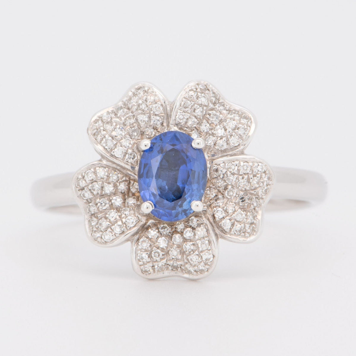 Deep Royal Blue Sapphire Center with Diamond Pave Flower Petals 18K Gold AD1384 Closeout