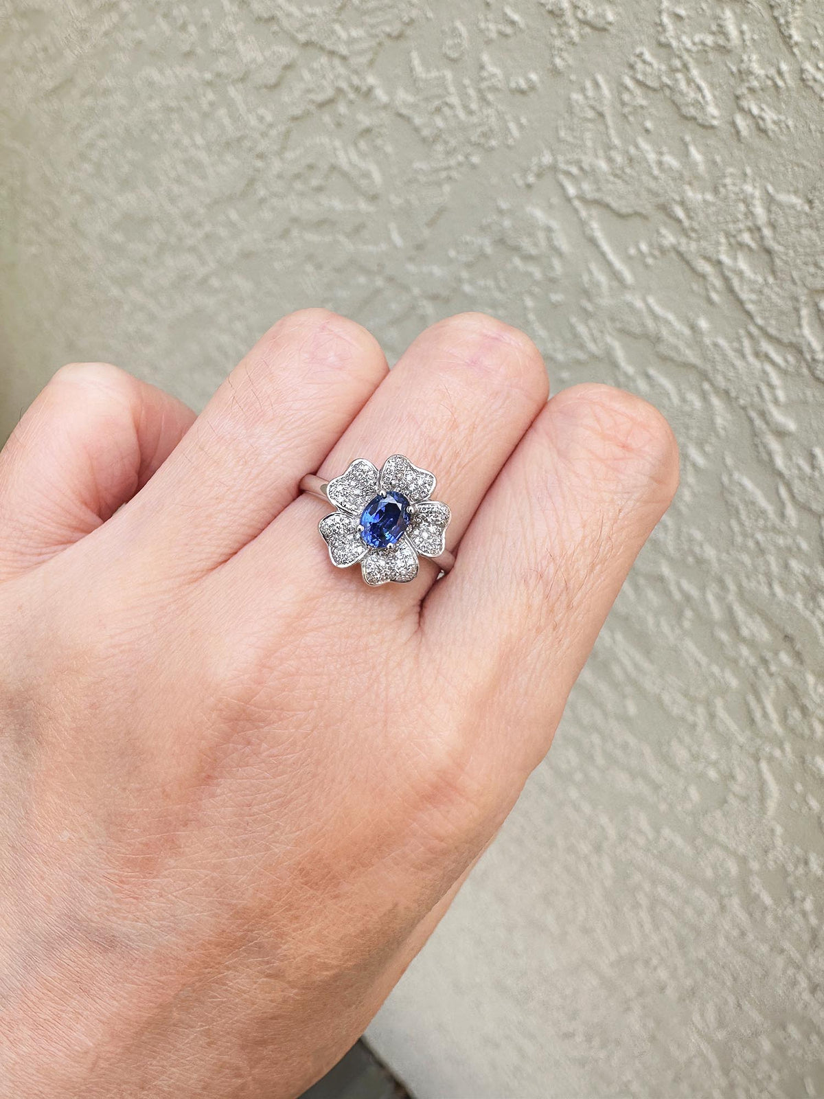 Deep Royal Blue Sapphire Center with Diamond Pave Flower Petals 18K Gold AD1384 Aurora Designer