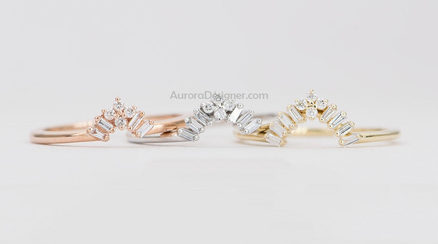 Three Baguette Diamond Crown Wedding Band 14K Gold AD1432 Aurora Designer