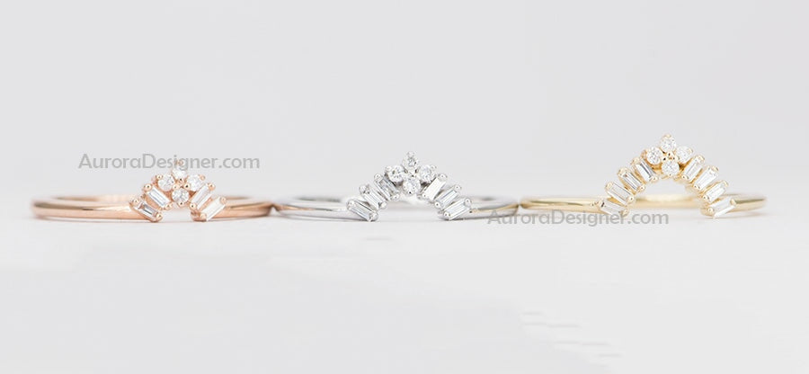 Three Baguette Diamond Crown Wedding Band 14K Gold AD1432 Aurora Designer